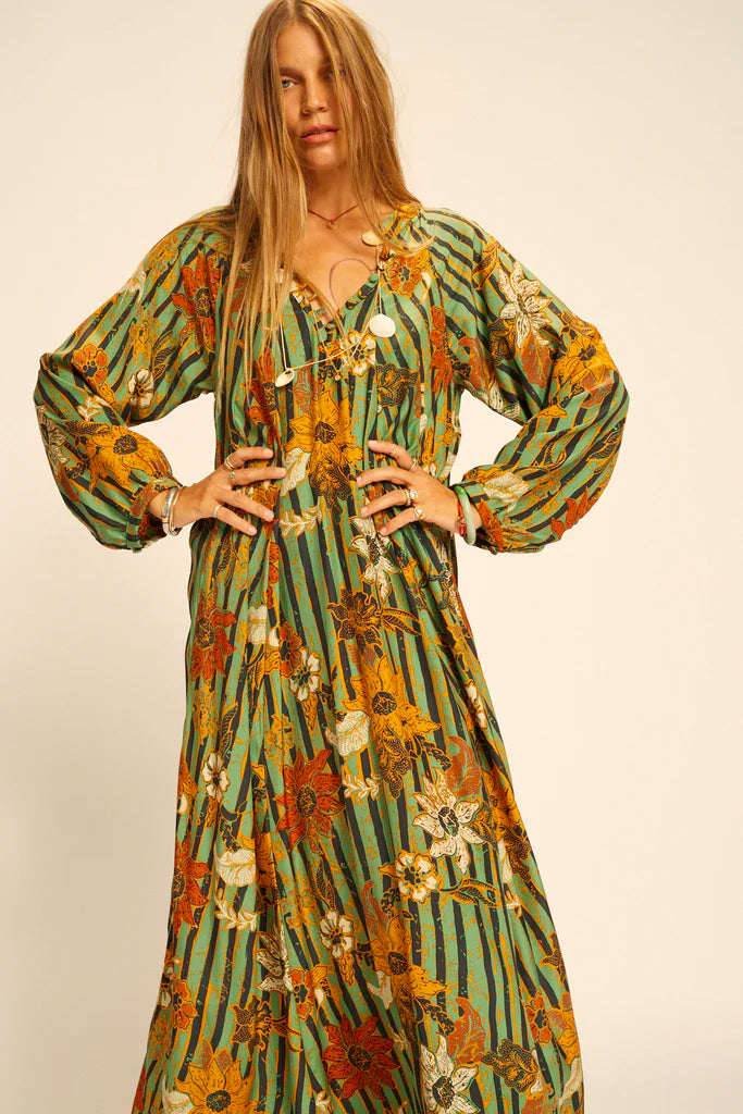 Fiore maxi dress in sunflower stripe moss green