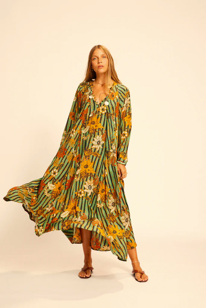 Fiore maxi dress in sunflower stripe moss green