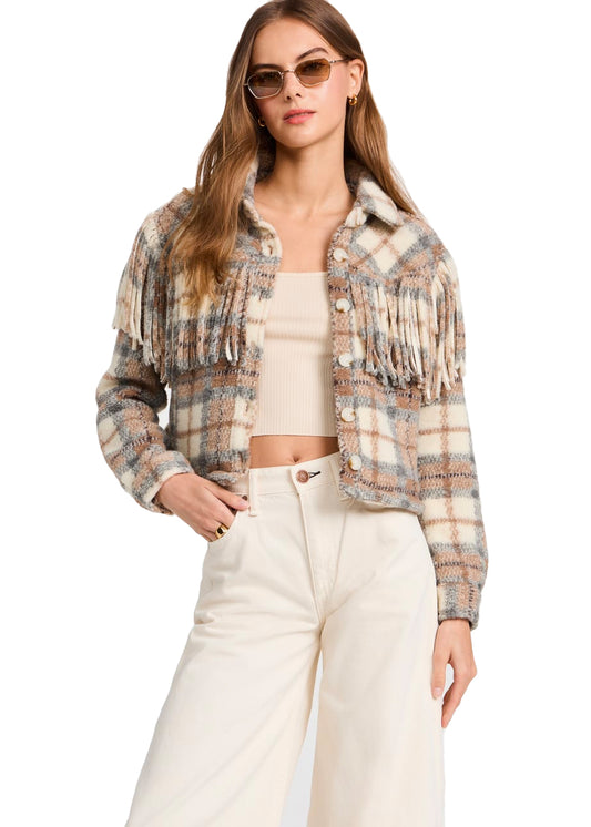 Take note cropped shacket in fringe plaid