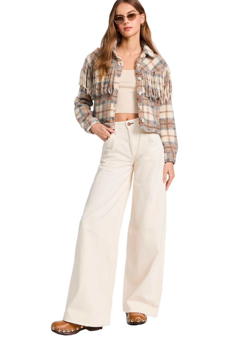 Take note cropped shacket in fringe plaid