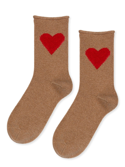 Heart cashmere crew socks in camel