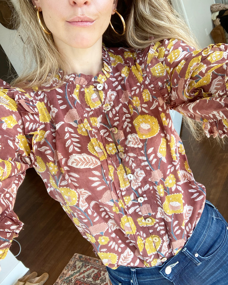 Olivia blouse in dahlia block print