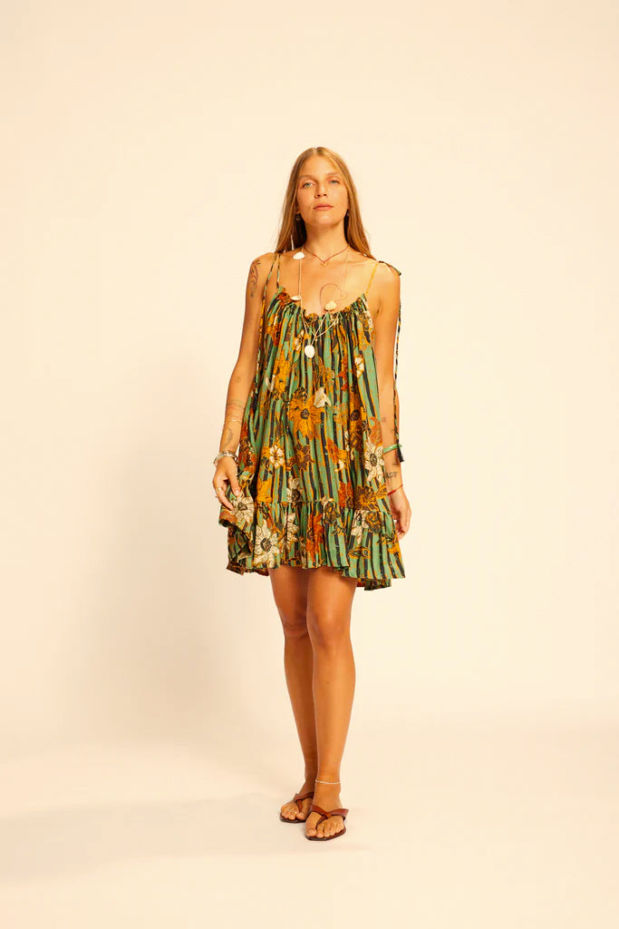 Jerusha mini dress in sunflower stripe moss green