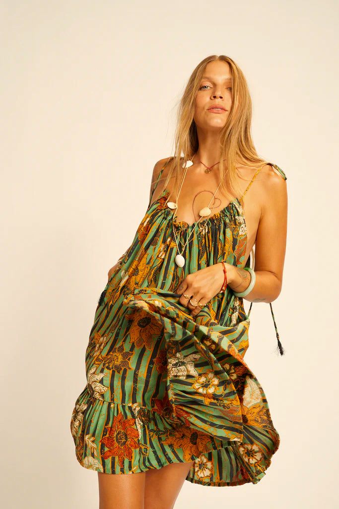 Jerusha mini dress in sunflower stripe moss green