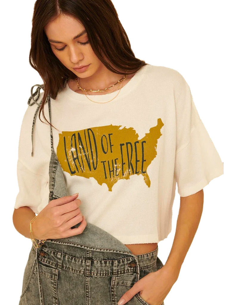 U.S.A. land of the free cropped waffle tee in cream