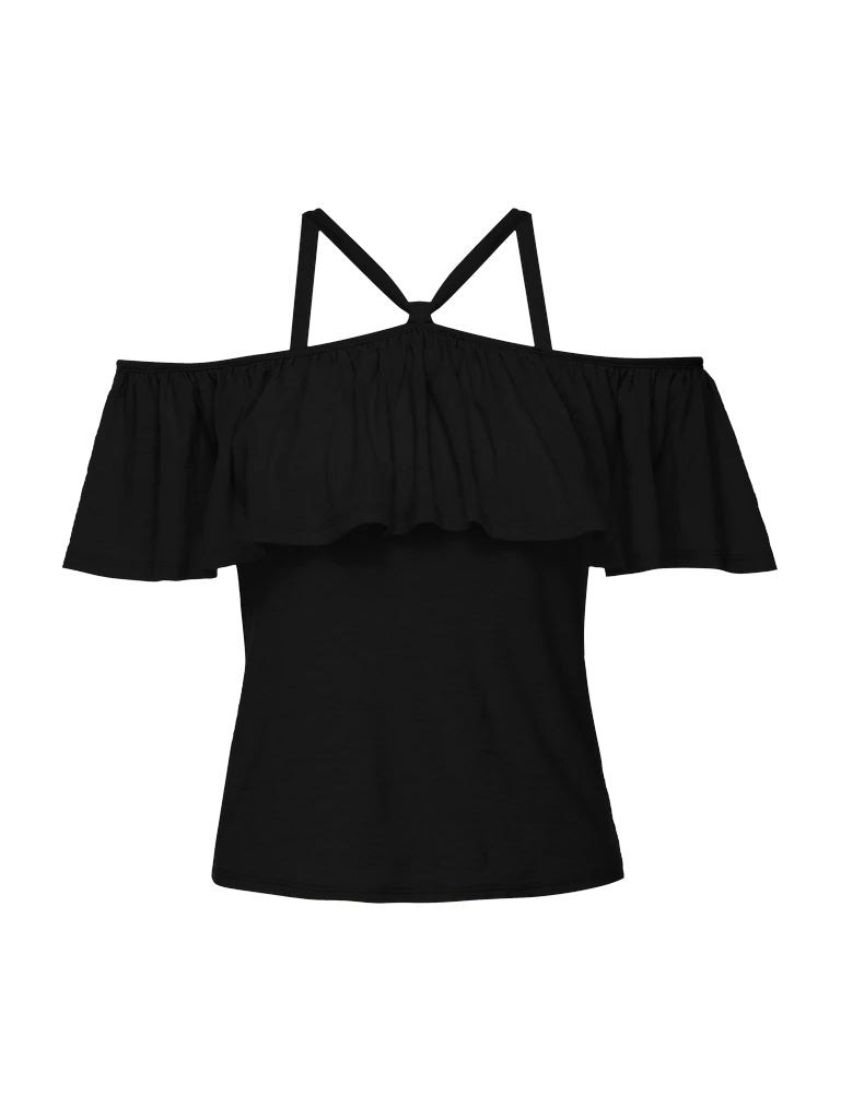 Morgan ruffled halter tank in jet black