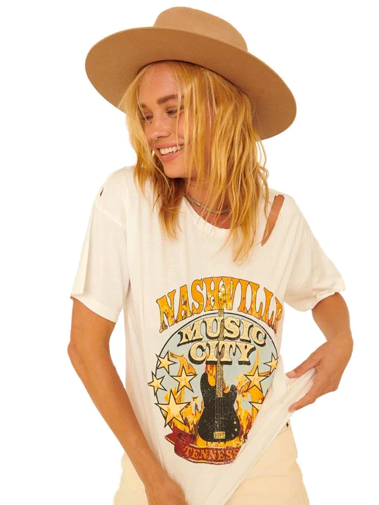 Nashville music city destructed graphic tee in cream