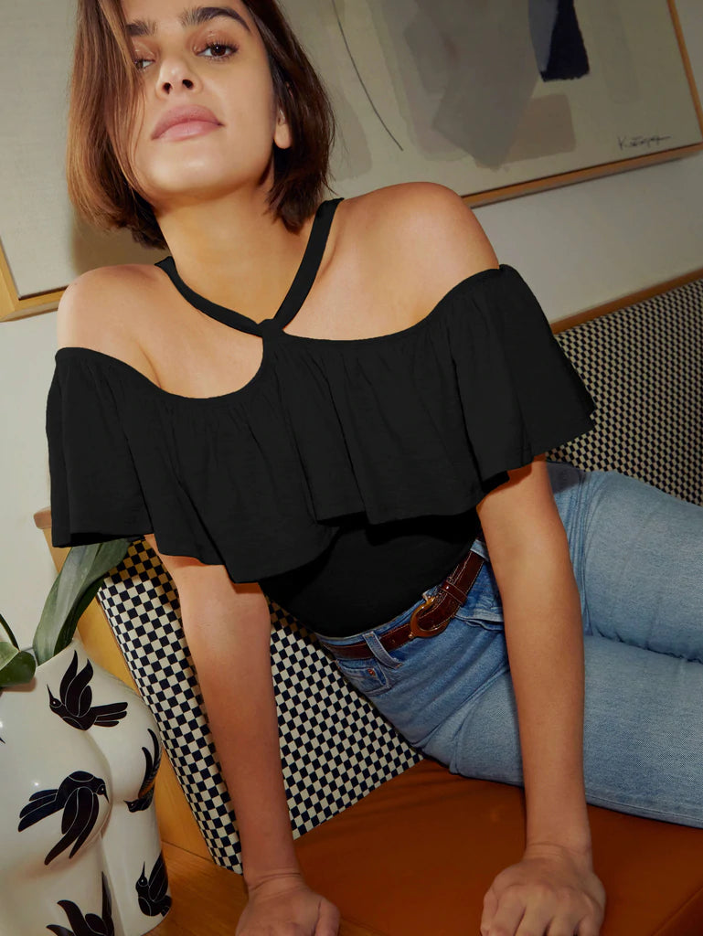 Morgan ruffled halter tank in jet black