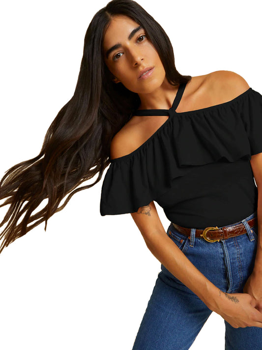 Morgan ruffled halter tank in jet black