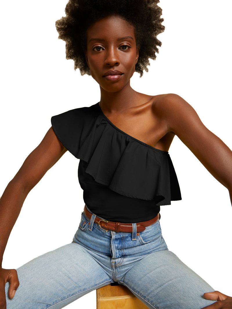 Noella ruffle one-shoulder top in jet black