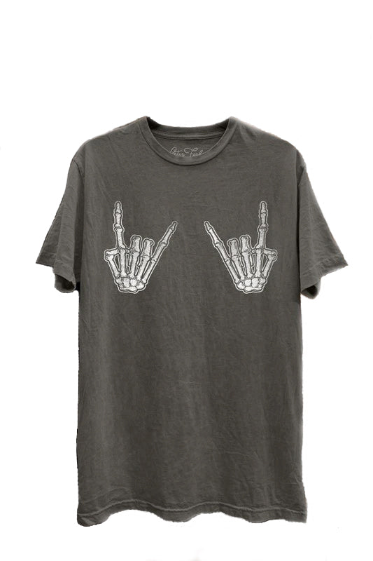 Skeleton rock on boyfriend tee in washed gray