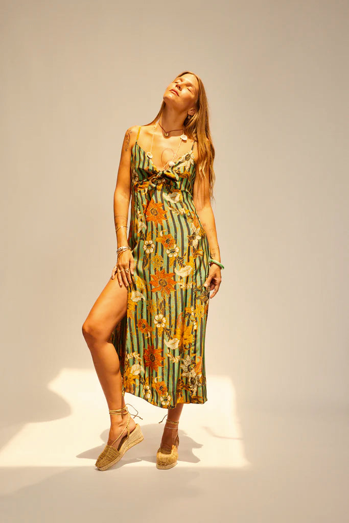 Sophie dress in sunflower stripe moss green - Natalie Martin