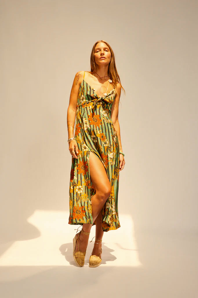 Sophie dress in sunflower stripe moss green