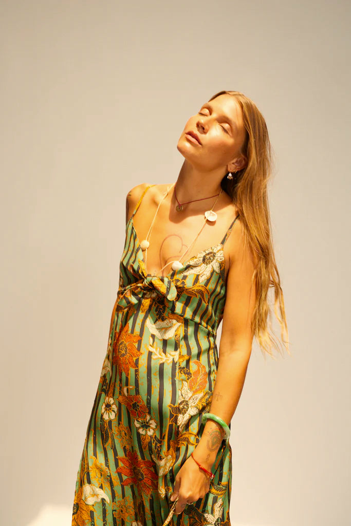 Sophie dress in sunflower stripe moss green - Natalie Martin